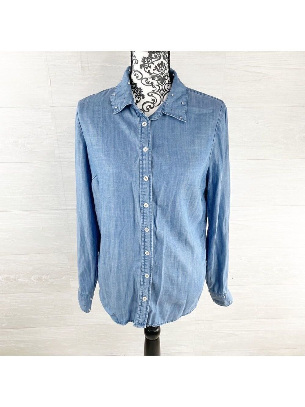 Anthropologie Current Air Pearl Beaded Button Down Denim Tunic Top